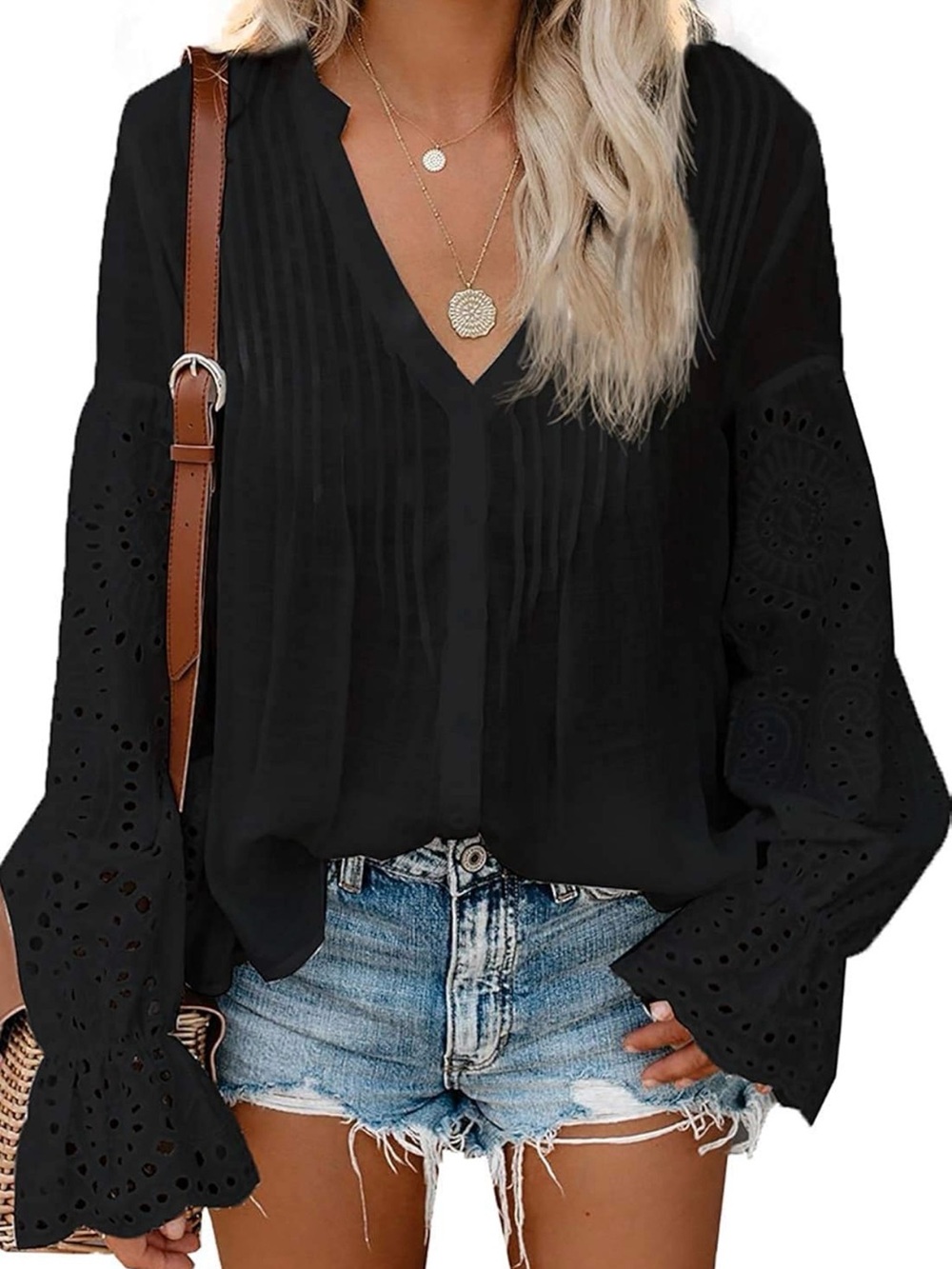 Black V-Neck Eyelet Bell-Sleeve Blouse
